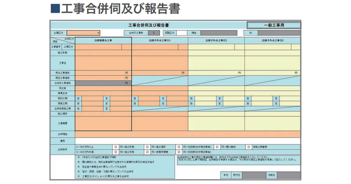 工事合併伺及び報告書